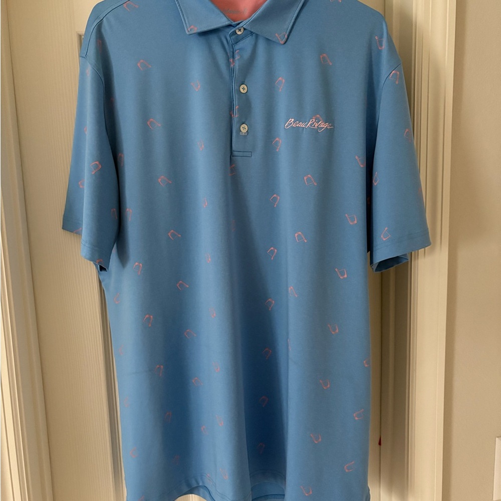 johnnie-O Ocean Blue Polo with Pink Accents and cocktail graphics